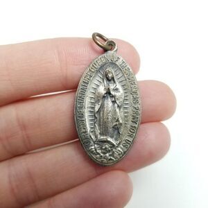 Vintage Religious Pendant, Mary and St. Francis, Silver Tone Oval Charm Estate